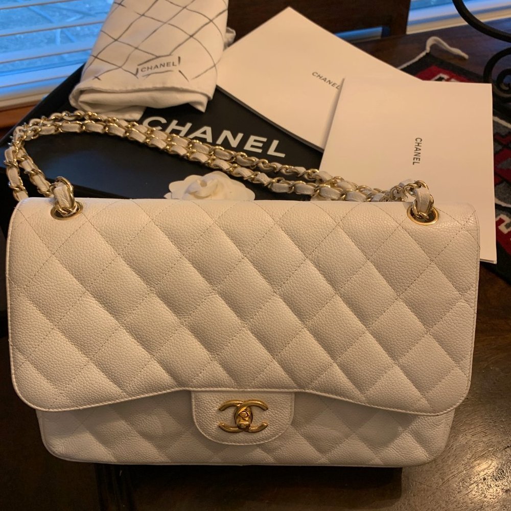 SOLD     Chanel Quilted Classic Flap, White Caviar Jumbo Double Flap Handbag